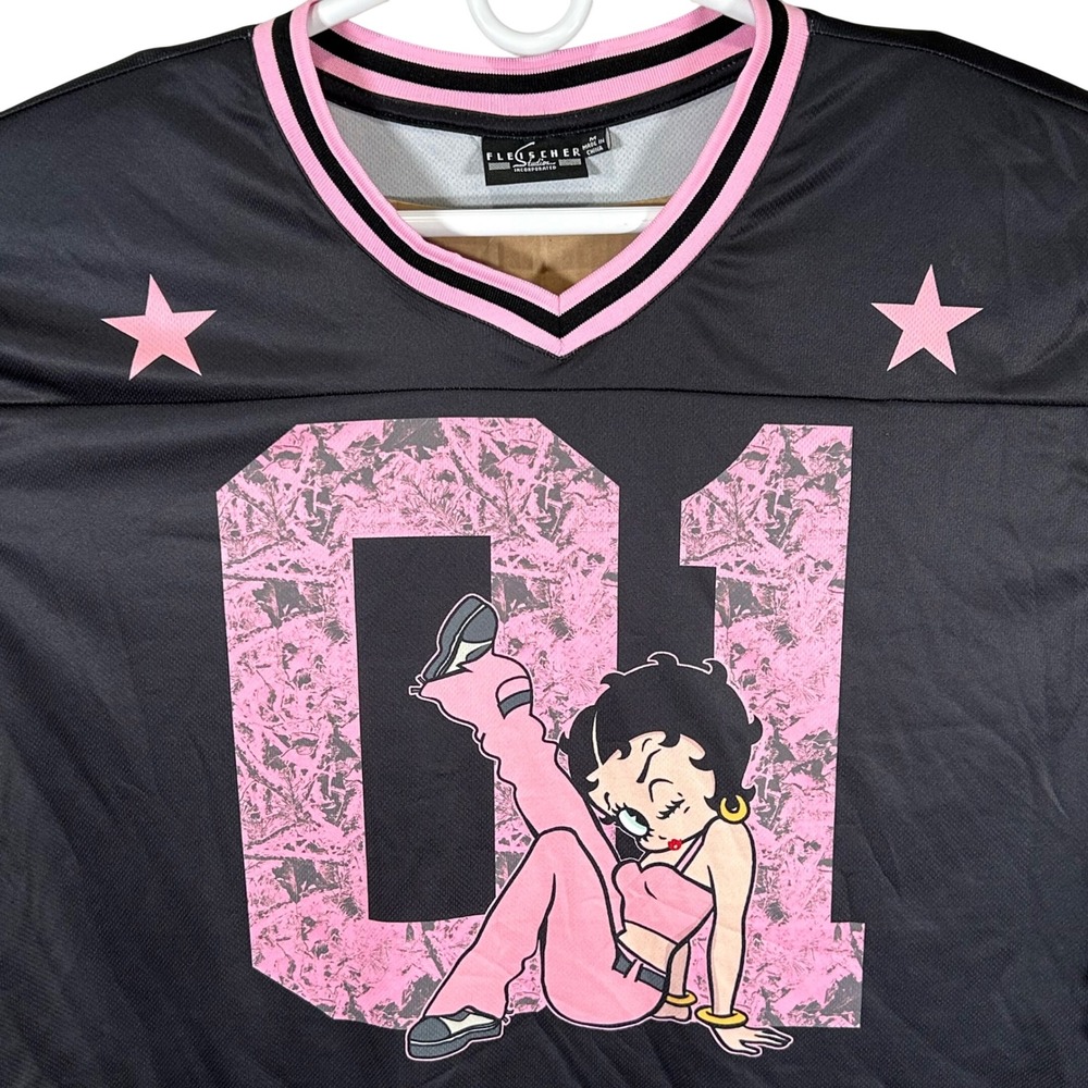 Betty Boop Cropped Football Jersey Black Pink Graphic Shirt Women's Medium New